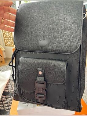 Men's Black Textured Leather-Trim Backpack